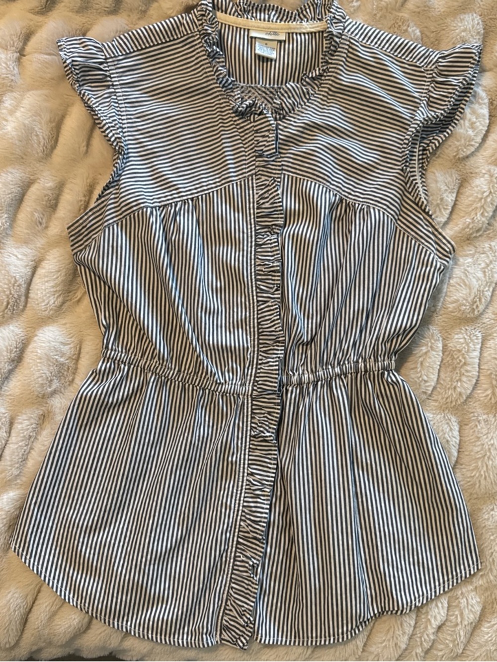 Anthropologie Odille Navy Stripe Ruffle Peplum Cotton Blouse Size 6